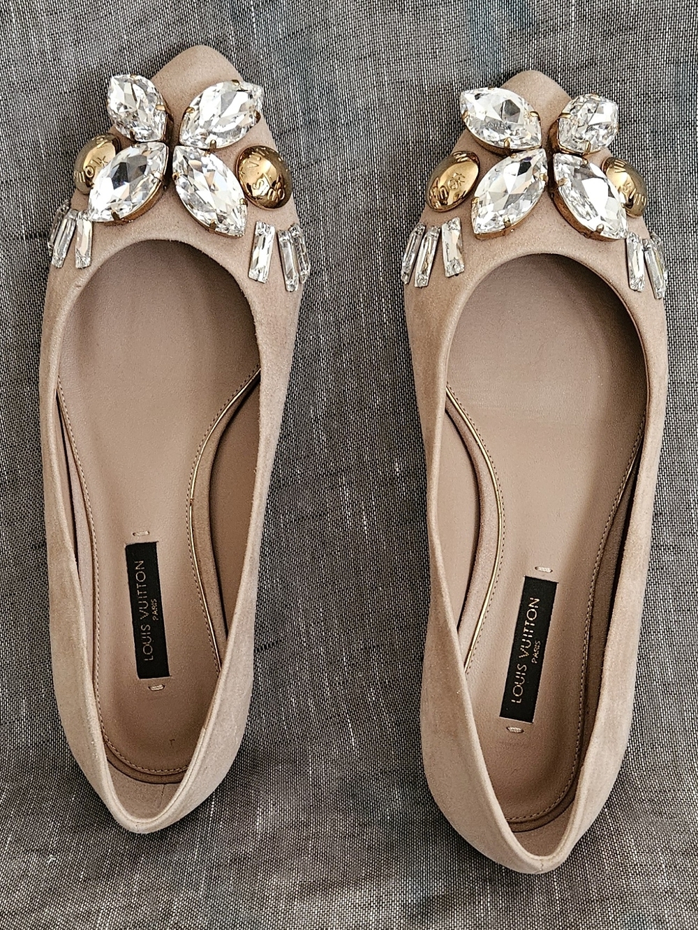 Louis Vuitton Beige Crystal Embellished Suede Ballet Flats Size 4.5 US
